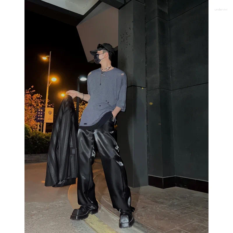 Men's Pants Y2K Liquid Metal Light Satin Loose Casual Dipped Wide Leg Straight Unisex Men Streetwear Joggers Trousers