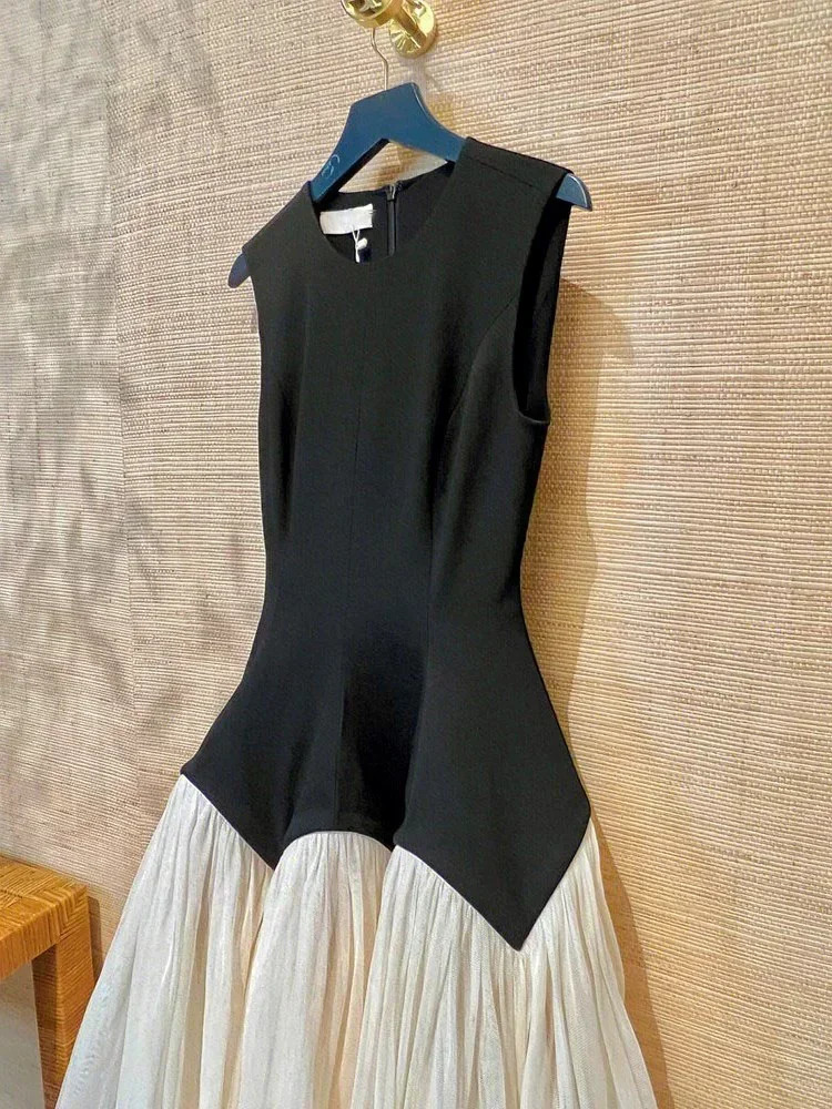 Elegant Mesh Patchwork Dress For Color Block Vintage Sleeveless O-Neck A E Women Summer In Evening Prom Vestidos 240115