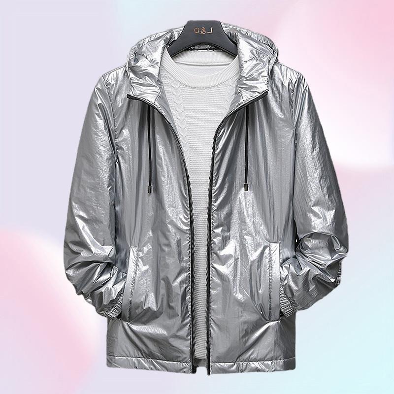 Shiny Silver Metallic Jacket Men Party Dance Night Club Mens Hip Hop Coats Slim Hooded Streetwear Jaqueta Masculina3988480