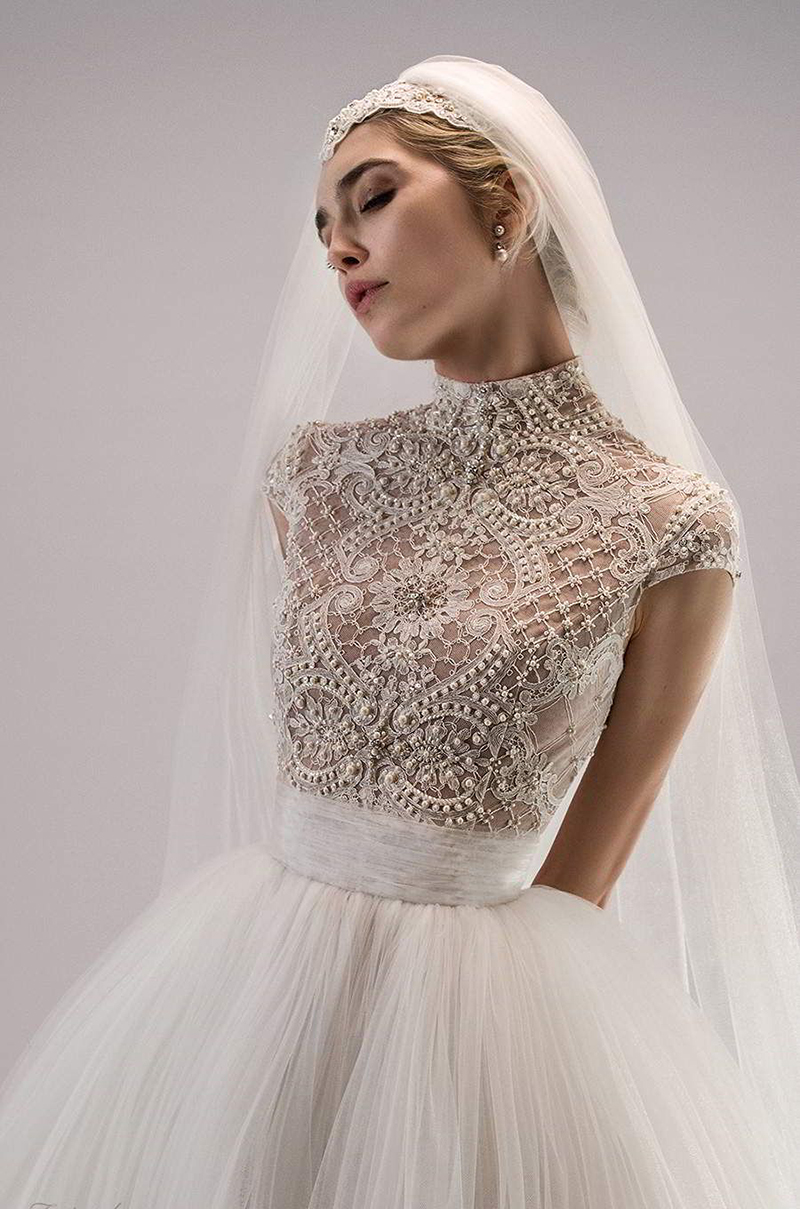 Illusion Tulle Mermaid Wedding Dresses Elegant High Neck Pearls Beading Bridal Dresses Puffy A Line Wedding Gowns