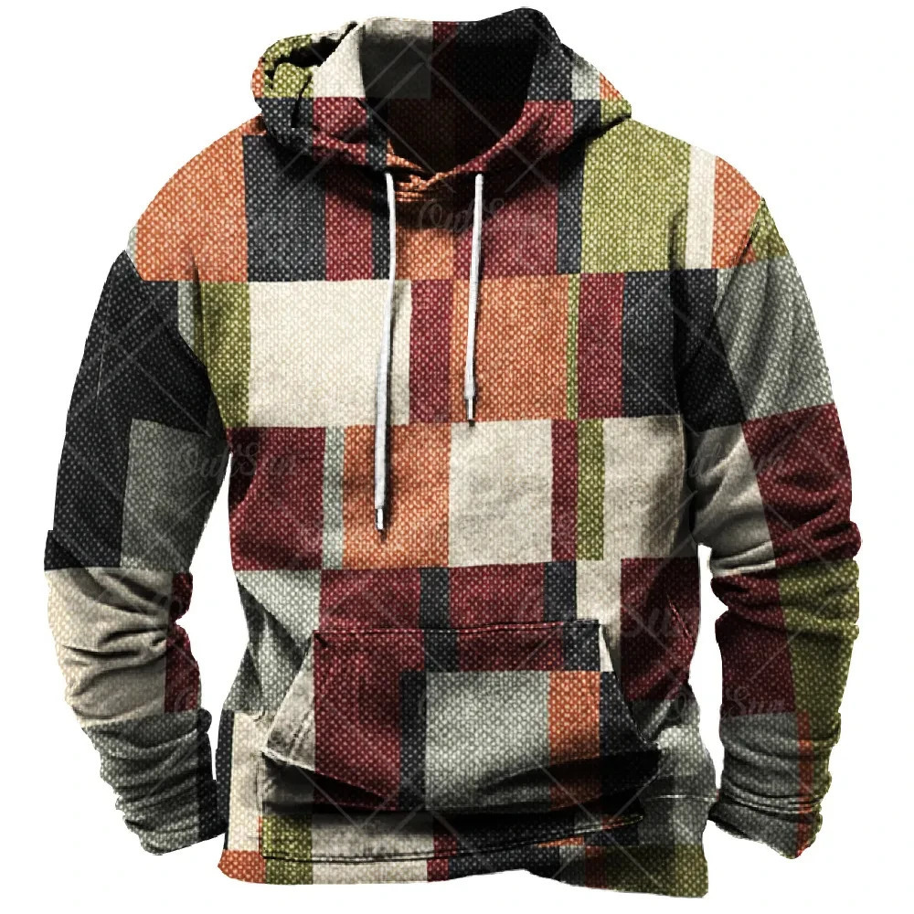 Vintage men's hooded casual shirt 3D plaid printed long sleeved pullover street clothing super big hat hoodie 240115