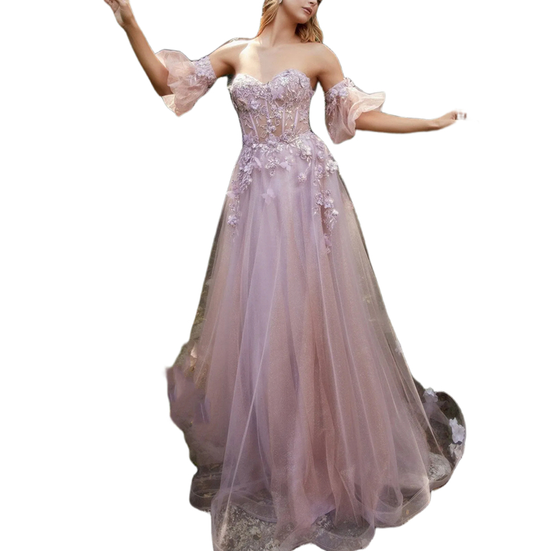 3D Floral Appliques Light Pink Long Prom Dresses A Line Off The Shoulder Tulle Special Occasion Gowns Detachable Short Sleeves Corset Open Back Sexy E