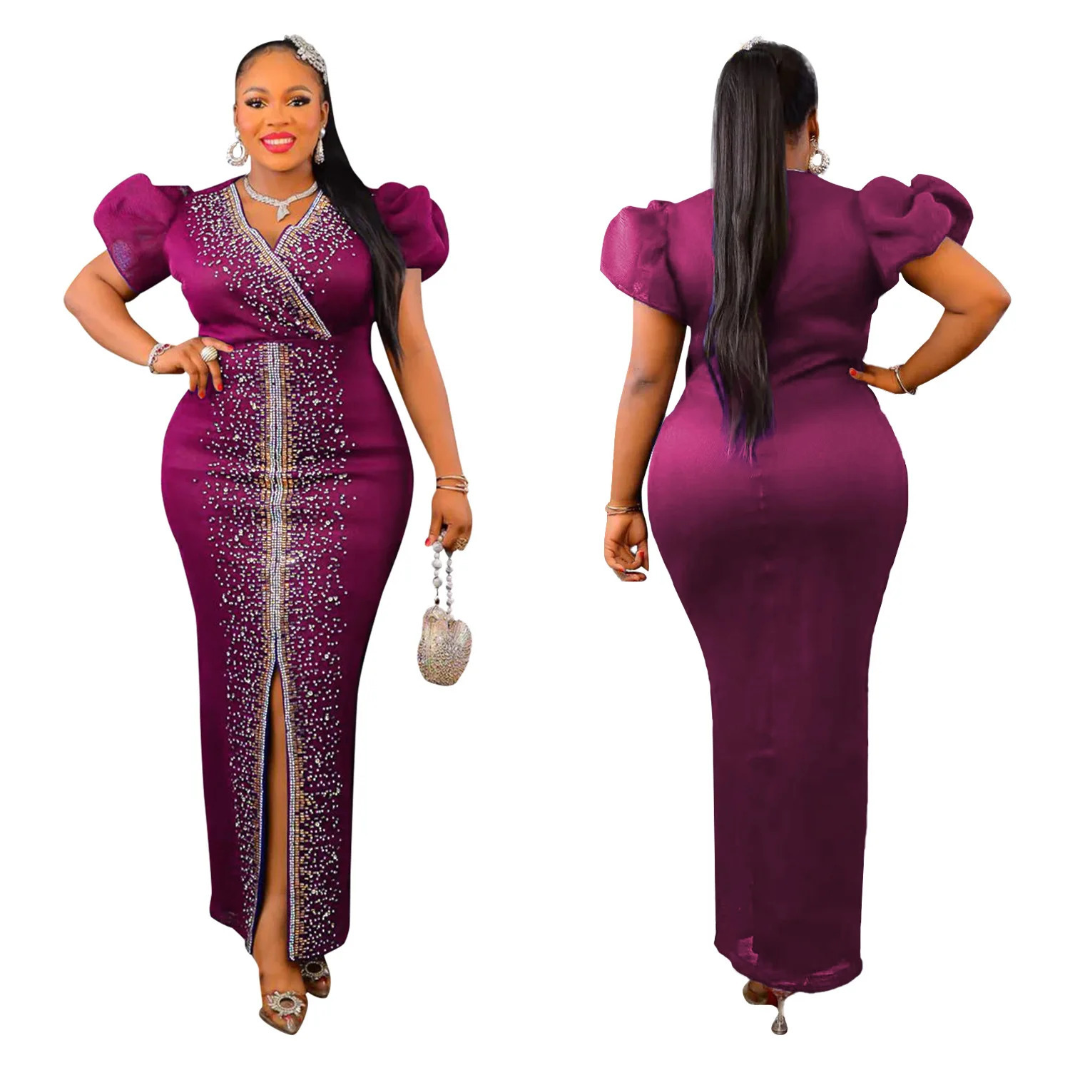 Puff Sleeve Birthday Party Prom Rhinestone Slit Dress Long Elegant Women Night Club Wedding Evening Sexy Bodycon Dresses 240115