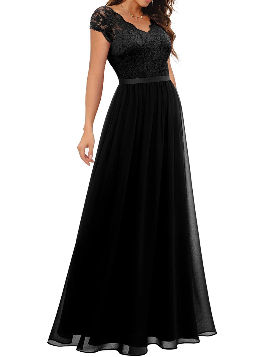 Women Lace Patchwork Maxi Long Evening Dress Solid Color Backless V Neck High Waist Dress Wedding Party Dress 240115