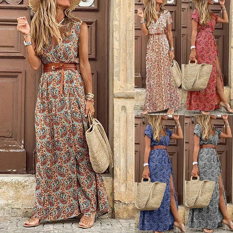 Boho Summer Long Dress for Women Elegant Evening Vestidos de Mujer Dresses Robe Femme Casual Maxi Short Sleeve Clothing 240116