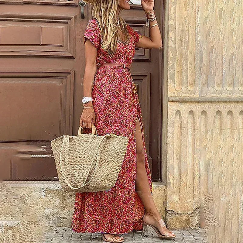 Boho Summer Long Dress for Women Elegant Evening Vestidos de Mujer Dresses Robe Femme Casual Maxi Short Sleeve Clothing 240116