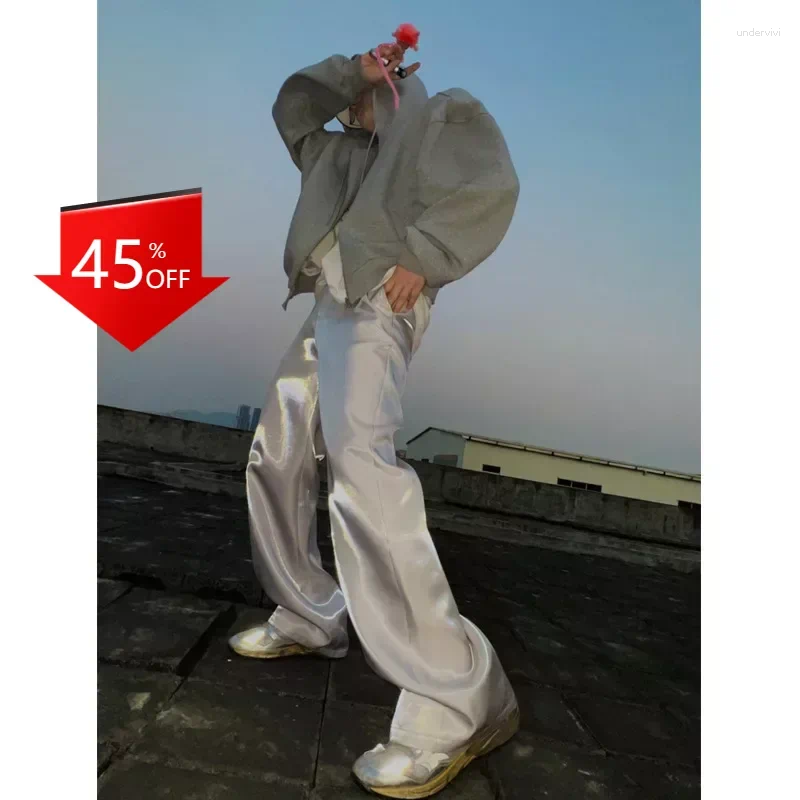 Men's Pants Y2K Liquid Metal Light Satin Loose Casual Dipped Wide Leg Straight Unisex Men Streetwear Joggers Trousers