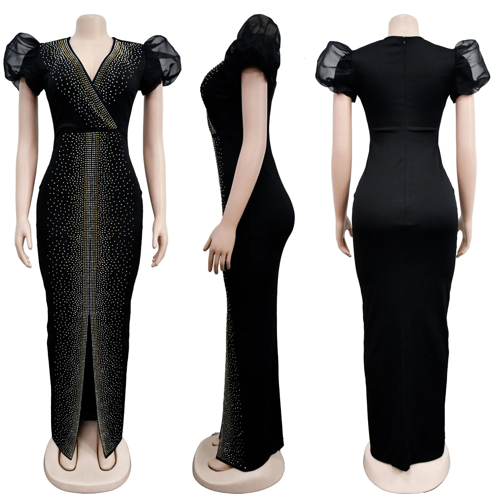 Puff Sleeve Birthday Party Prom Rhinestone Slit Dress Long Elegant Women Night Club Wedding Evening Sexy Bodycon Dresses 240115