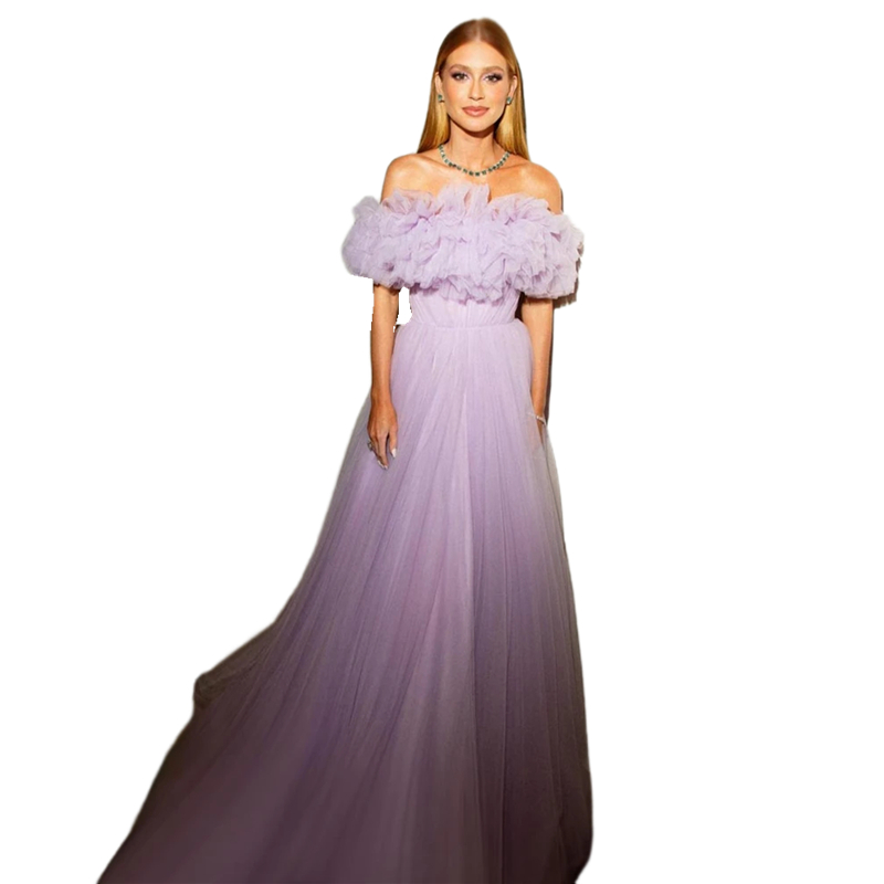 the Shoulder Lilac Off Tulle Evening Dresses for Women Bateau Neck Simple A Line Long Prom Dress Ruffle Pleats Sexy Special Ocn Gown Custom Made 2024