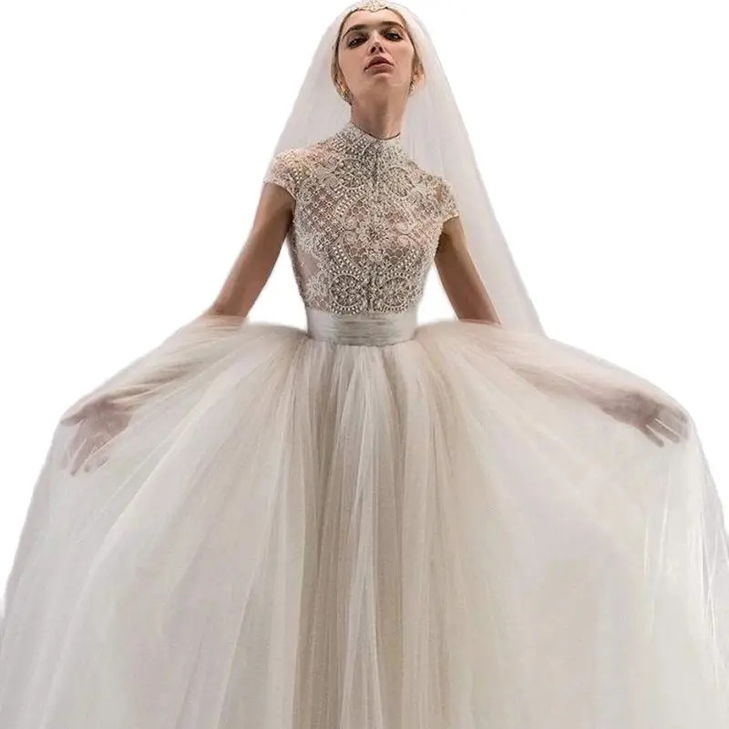 Illusion Tulle Mermaid Wedding Dresses Elegant High Neck Pearls Beading Bridal Dresses Puffy A Line Wedding Gowns