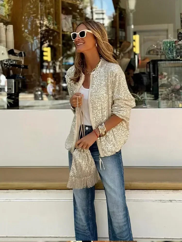Casual Summer Autumn Women Silvery Sequin Coat Vintage Solid Color Long Sleeve Oneck Zipper Office Lady Jacket Coats 240116