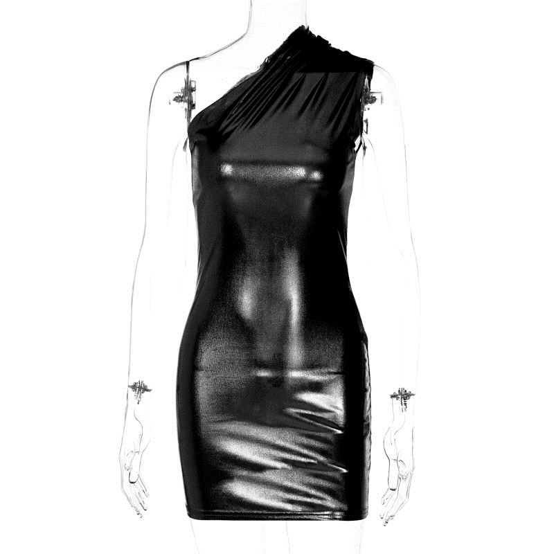 Hugcitar Pu Leather One Shoulder Sleeveless Draped Mini Prom Dress Summer Fall Women Elegant Y2K Evening Party Club Clothes 240115