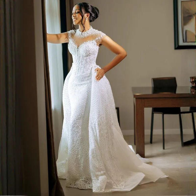 Mermaid Wedding Dress Overskirt, Beaded Lace Appliques, High Neck Cap Sleeves, Beach Garden Plus Size
