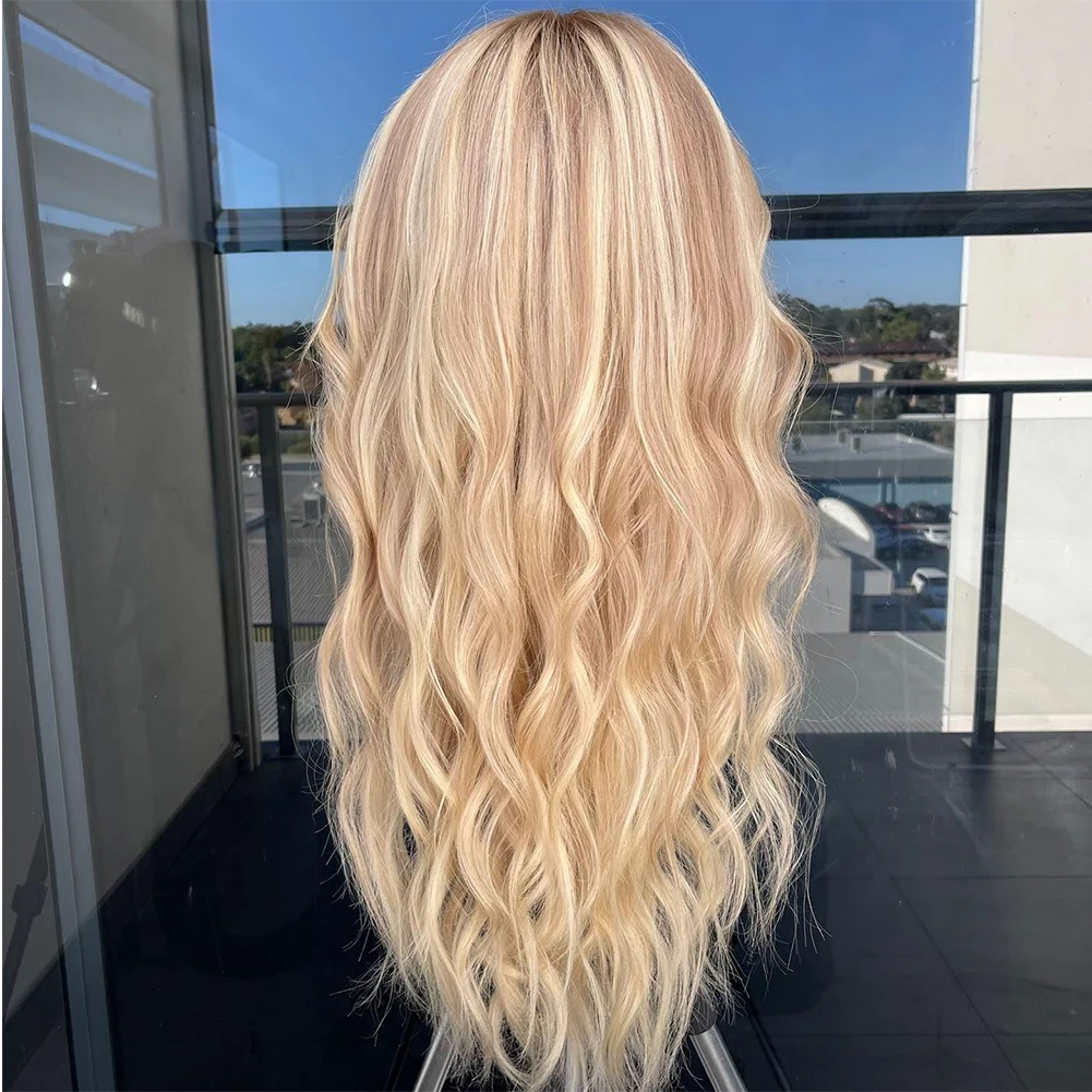 Free shipping Light Blonde Highlights Full Front Human Hair Wigs for Women 13x4 HD Lace Frontal Roots Loose Wave Synthetic Wig PrePlucked Middle Part