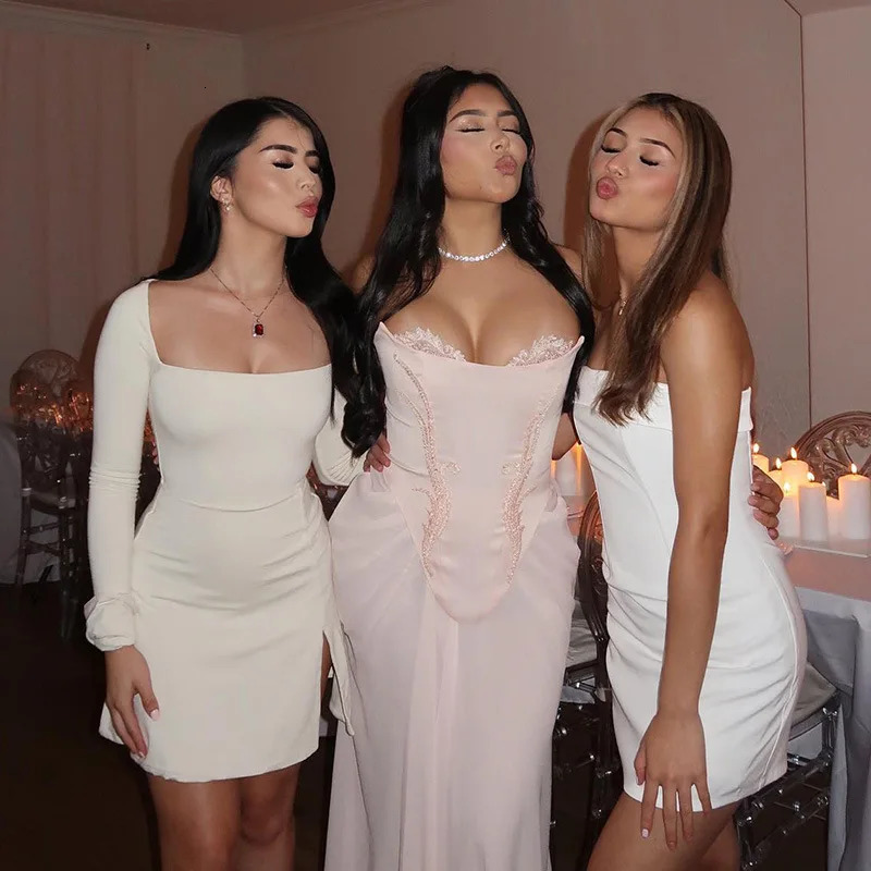 Women Solid Slim Fit Square Neck Drawstring Long Sleeve Dresses White Black Butterfly Split Asymmetrical Mini Dress 819 240115