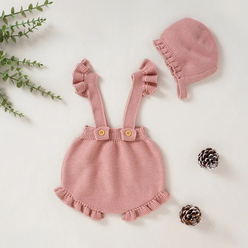 Baby Bodysuits Knitted Summer born Girls Jumpsuit Outfits Fashion Ruffles Infant Toddler Clothing Hat 2PC Solid 0-18M Onesies 240116