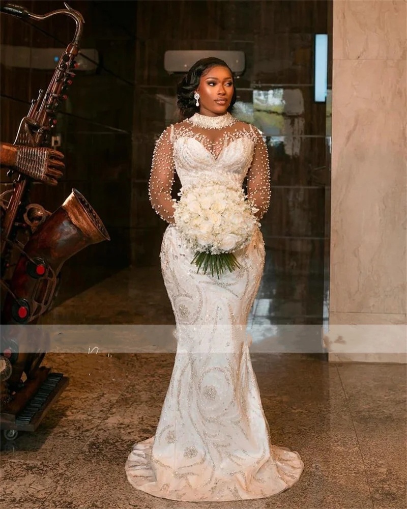 African White Mermaid Wedding Dresses 2024 For Women Elegant Pearls Sheer Sleeves Bridal Gowns Lace Vestido De Novia