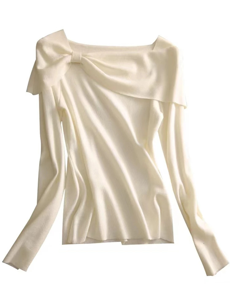 Fashion Bow Knit Sweater Women Slash Neck Long Sleeve Top Korean Womens Clothing Pullovers Sweaters Autumn Winter Ropa De Mujer 240116