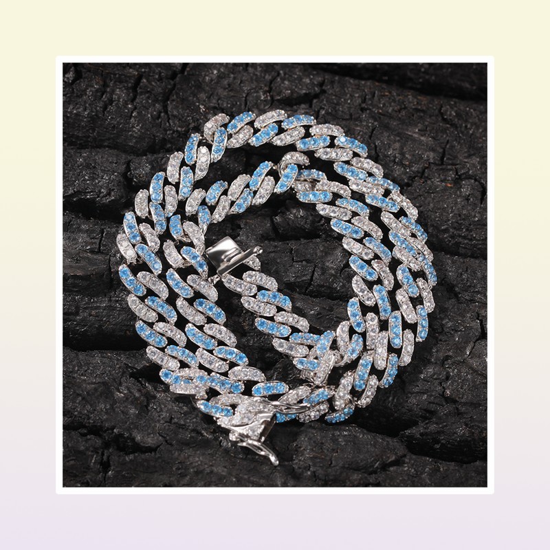 Iced Out Miami Cuban Link Chain Sea Blue Mens Gold Chains Necklace Bracelet Fashion Hip Hop Jewelry 9MM307x