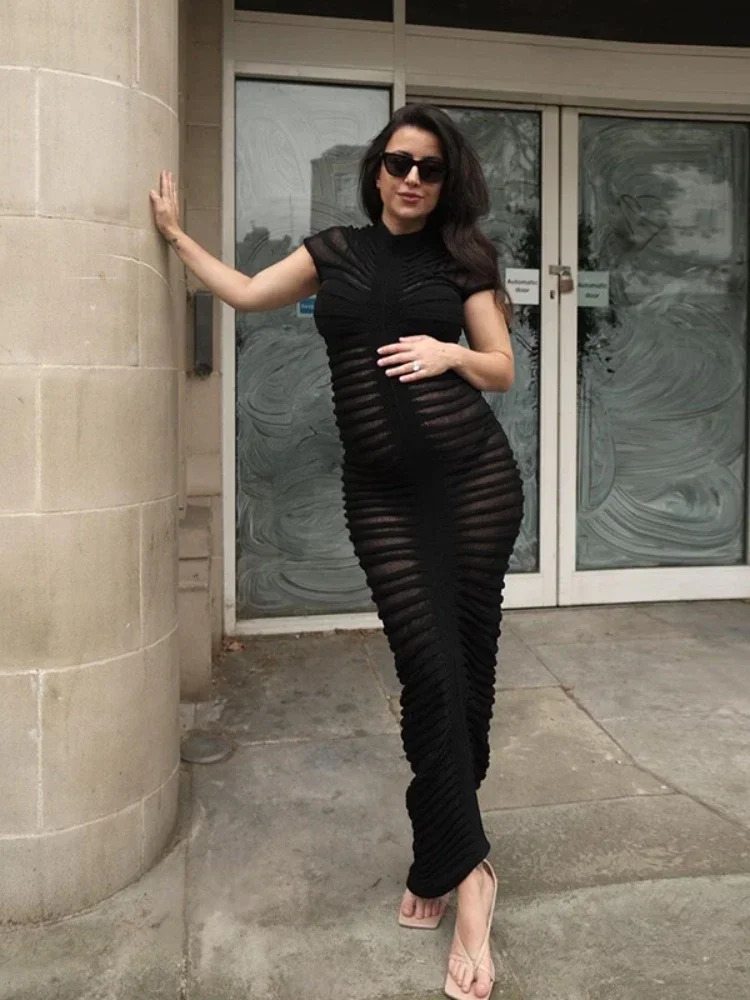 XIZOU Elegant Bodycon Knitted Dress Autumn See Through White Dress Short Sleeve Sexy Party Evening Maxi Dresses for Women 240115