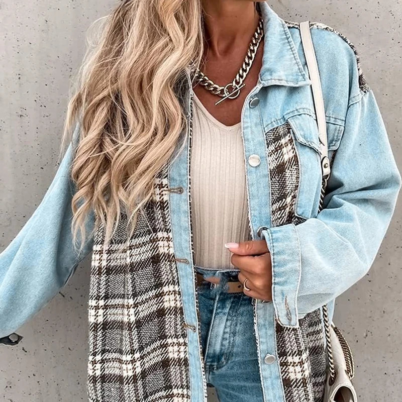 Women Denim Jackets Oversized Jean For Dresses Long Sleeve Plaid Coat with Flap Pocket 240116