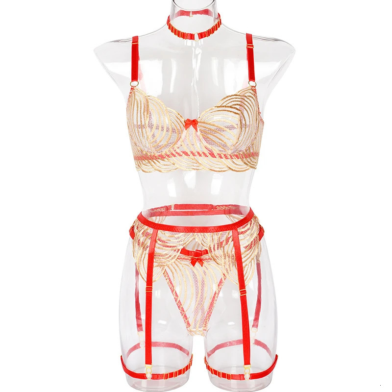 ECTOOKO Gold Embroldery Lace Transparent Bra Fancy Female Underwear 4Pieces Garter Belt With Stockings Sexy Lingerie For Women 240117