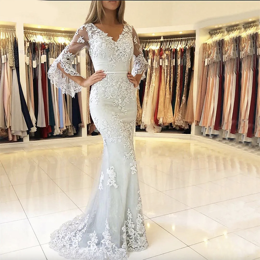2024 Silver Long Juliet Sleeves Mermaid Wedding Dresses Ribbon Lace Applique Covered Button Sweep Train Formal Bridal Gowns Wear Custom Made Dress