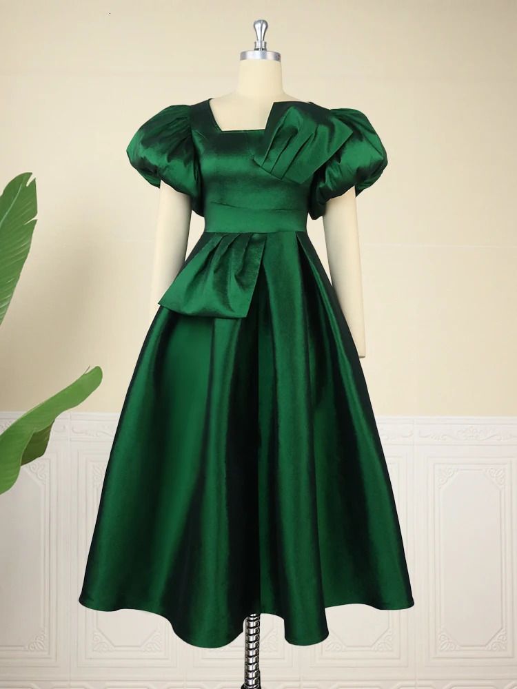 Puff Sleeve Ball Gown Dresses Plus Size Elegant Ladies High Waist Pleated Dark Green Ruffles Shiny Midi Evening Party Outfits 240116