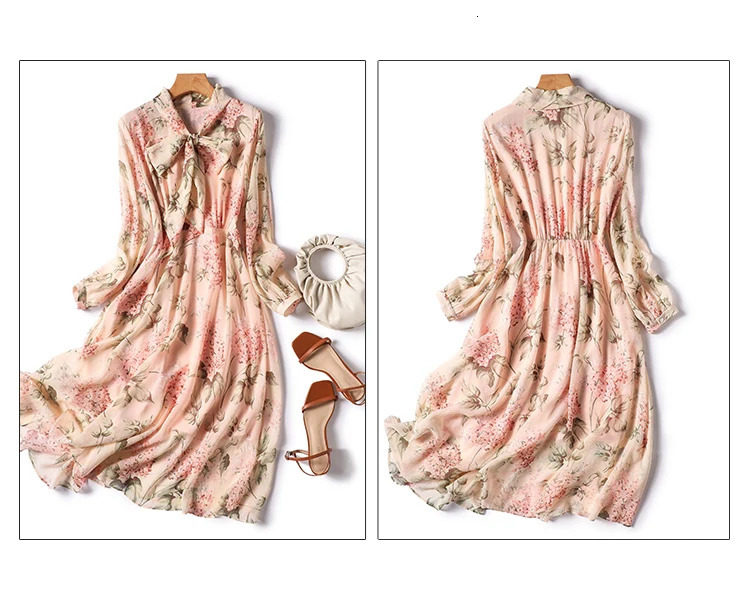 Silk Print Dresses Women Satin Long Sleeves Loose Summer Casual Bow Empire Dress Ladies V-neck Clothing YCMYUNYAN 240117