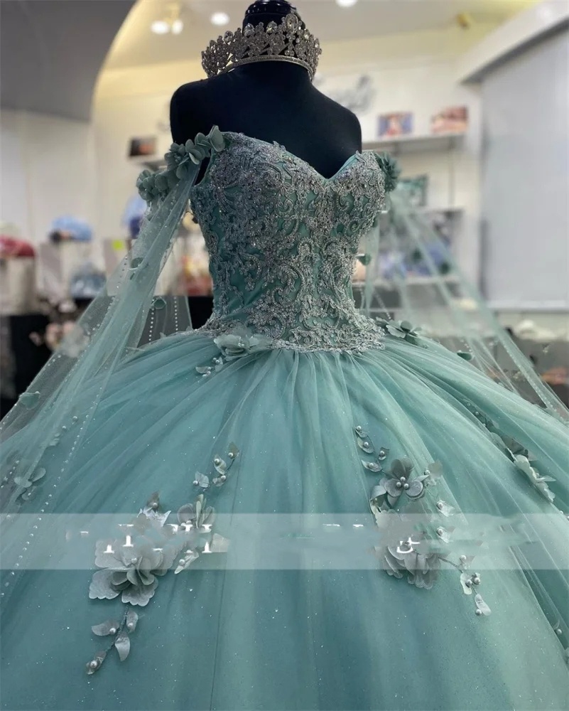 Princess Sage Green Off The Shoulder Ball Gown Quinceanera Dresses For Girls Beaded Celebrity Party Gowns 3D Flowers With Cape 0431