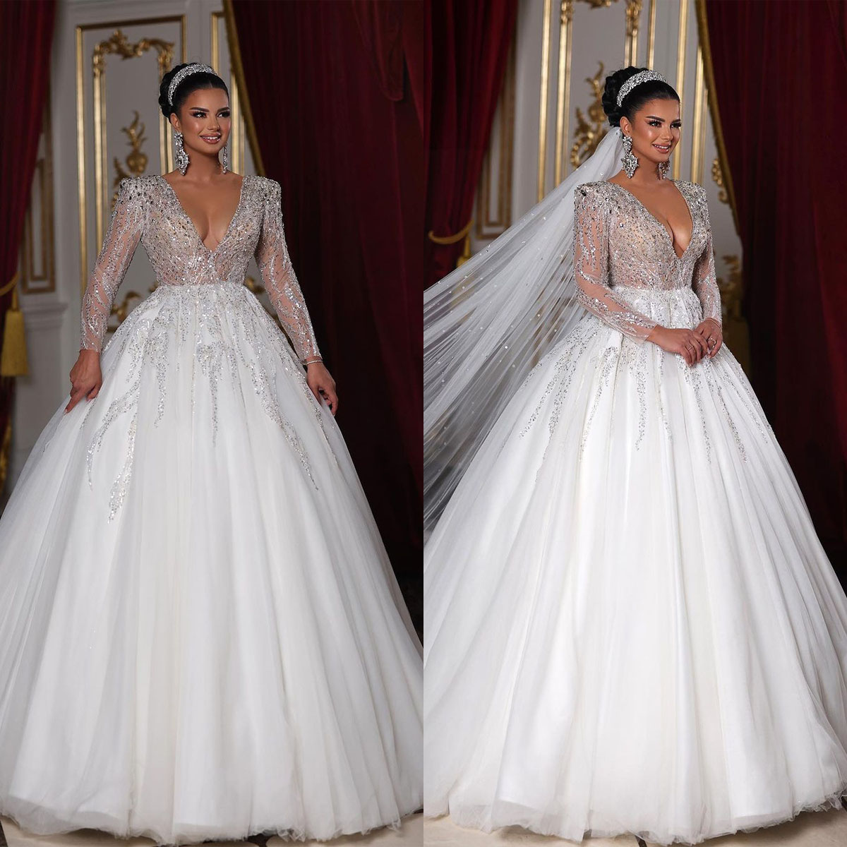 Simple V Neck A Line Wedding Dresses Elegant Sequined Lace Long Sleeve Bridal Gown Illusion Floor Length vestidos de novia