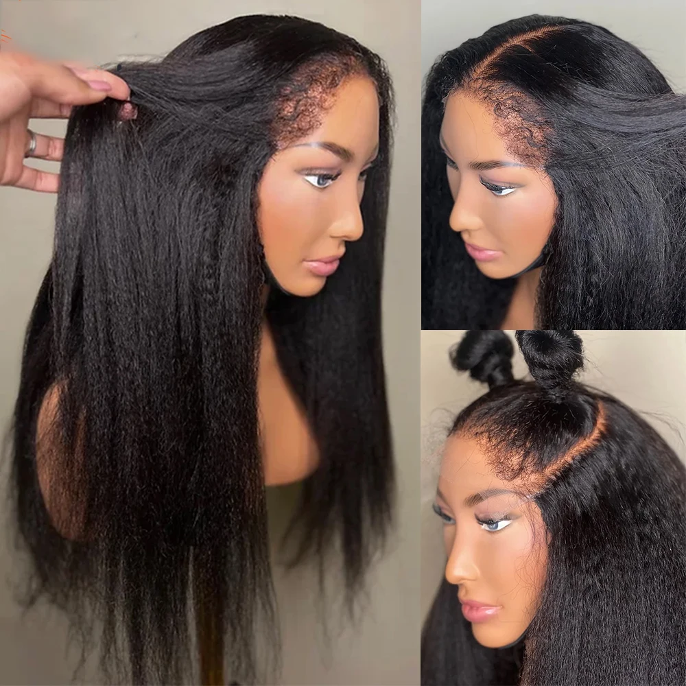 4C Kinky Edges Hairline Curly Baby Hair 13X4 Kinky Straight Lace Front Wig Human Hair Transparent Yaki Straight Lace Frontal Wig