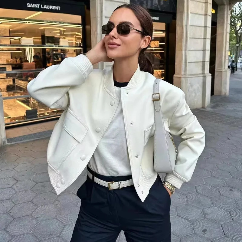 TRAF Woman Bomber Jacket Coat White Autumn Winter Button Baseball Cropped Jackets for Women Long Sleeve Crop Outerwear 240116