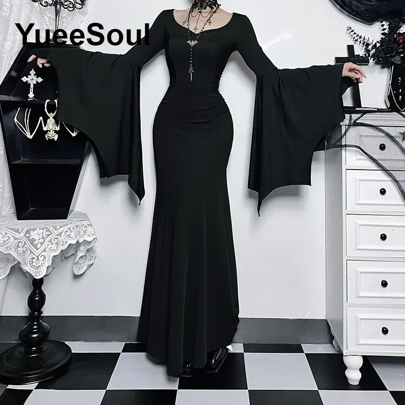Halloween Gothic Women Dress Long Sleeve High Waist Dresses 2023 Goth Aesthetic 90s Egirl Sexy Slim Party Club 240117