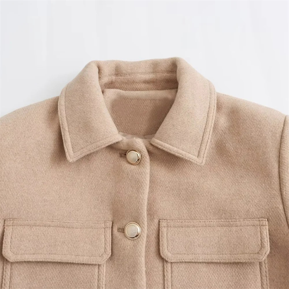 UNIZERA Winter Womens Fashion Versatile Lapel Pocket Buckle embellishment Blended Short Jacket Coat 240116