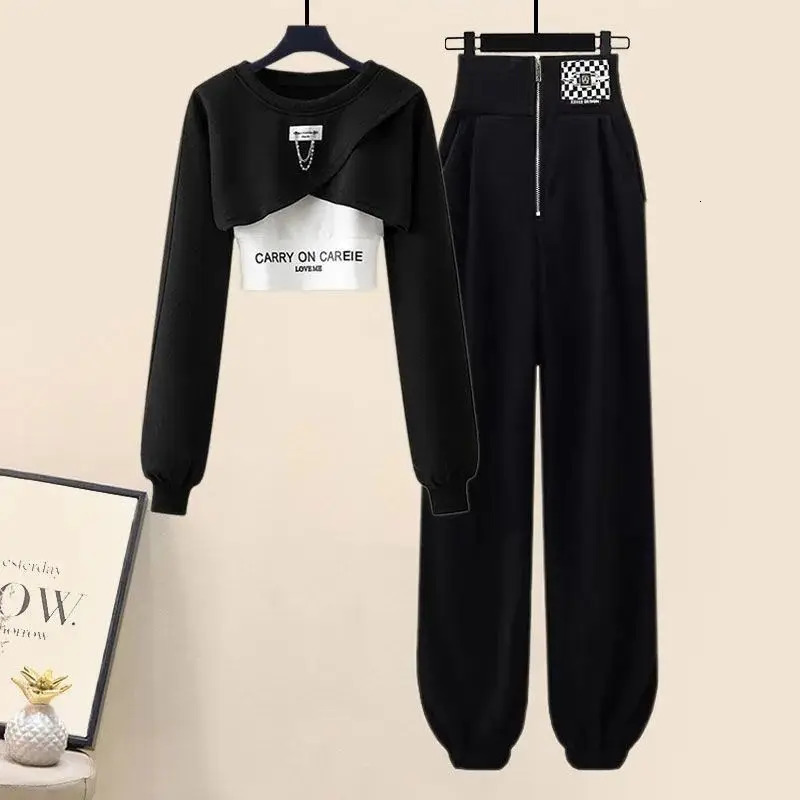 Women's 2024 Spring Casual Tracksuit Matching Set Korean Elegant Short Long Sleeve SweaterVestSport Pants Three Piece Suit 240116