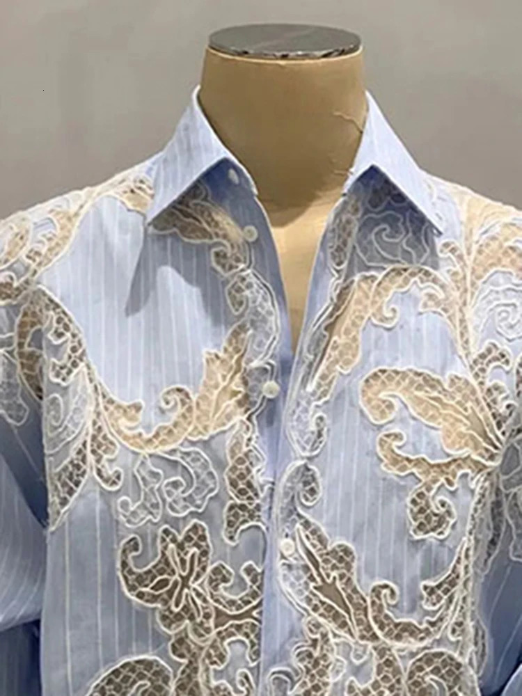VGH Striped Patchwork Lace Elegant Shirt For Women Lapel Long Sleeve Spliced Irregular Hem Temperament Blouse Female Fashion 240116