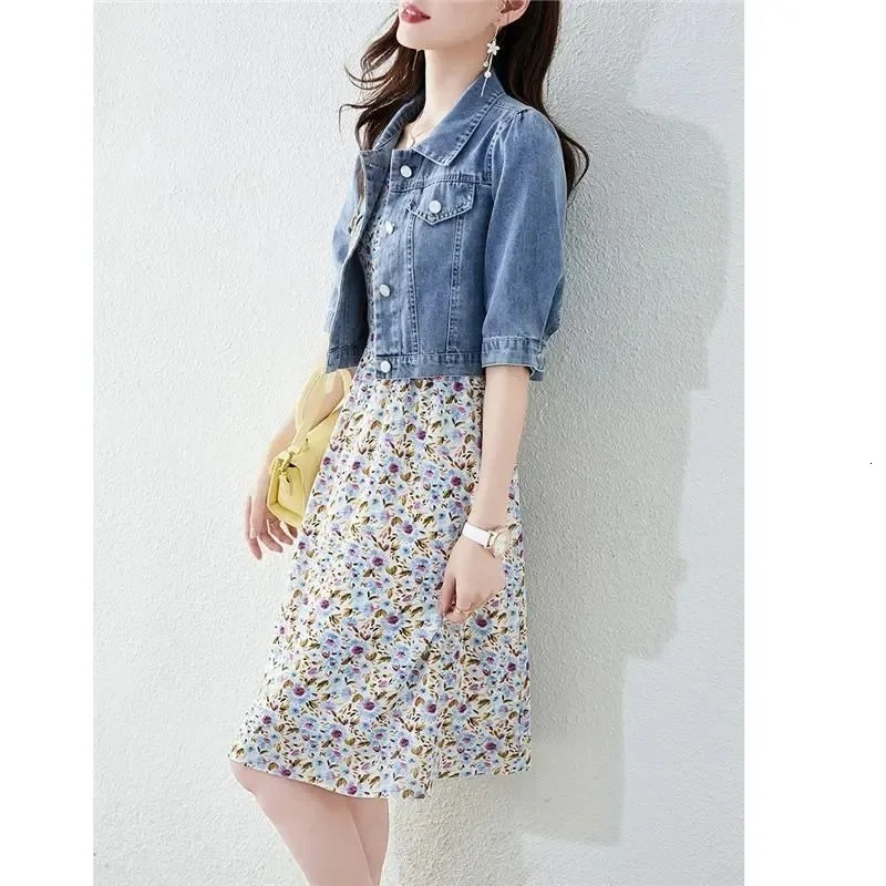 2023 Autumn Jacket Women Basic Solid Vintage Crops Trendy Turn Down Collar Half Sleeve Denim Fit Harajuku Street Female Outwear 240116