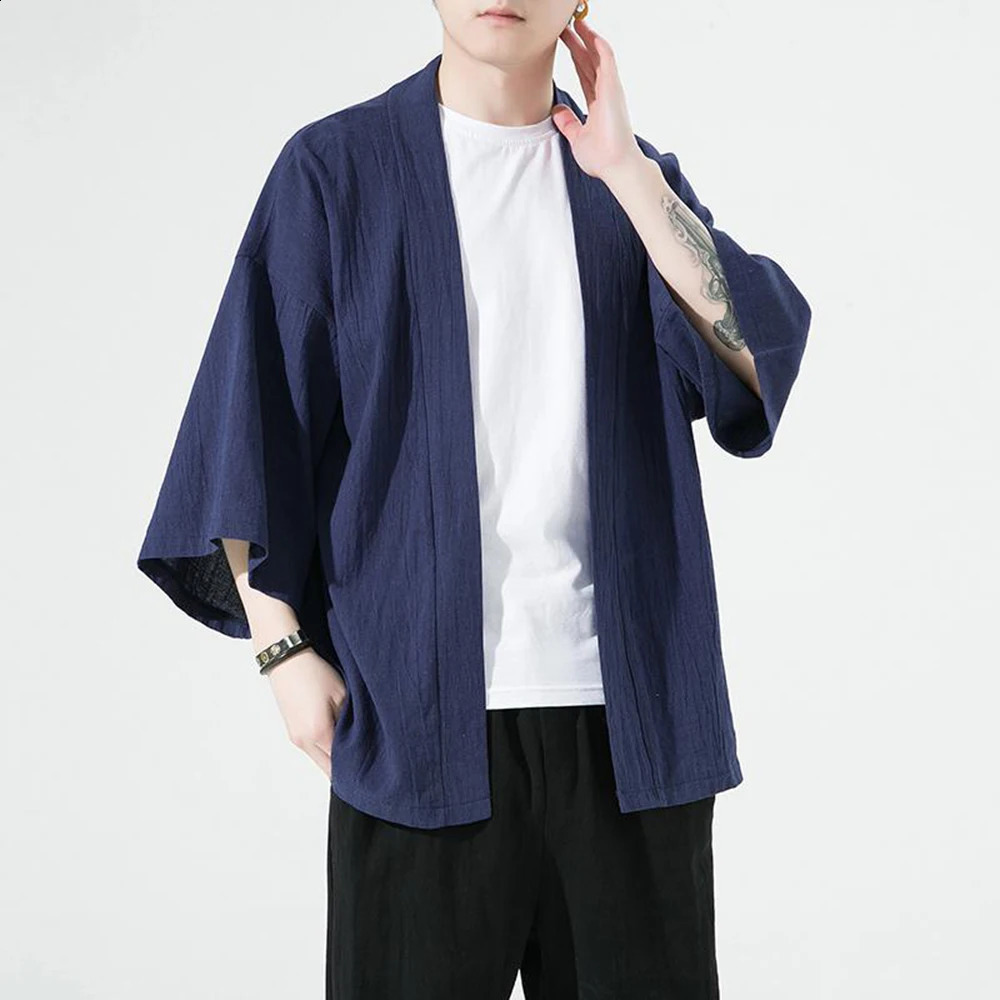 Japanese Men Cardigan Kimono Shirt Traditional Japanese Samurai Summer Plain Color Coat Yukata Male Shirt Outer Garment Coat 240117
