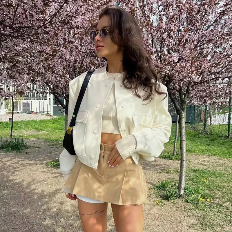 TRAF Woman Bomber Jacket Coat White Autumn Winter Button Baseball Cropped Jackets for Women Long Sleeve Crop Outerwear 240116