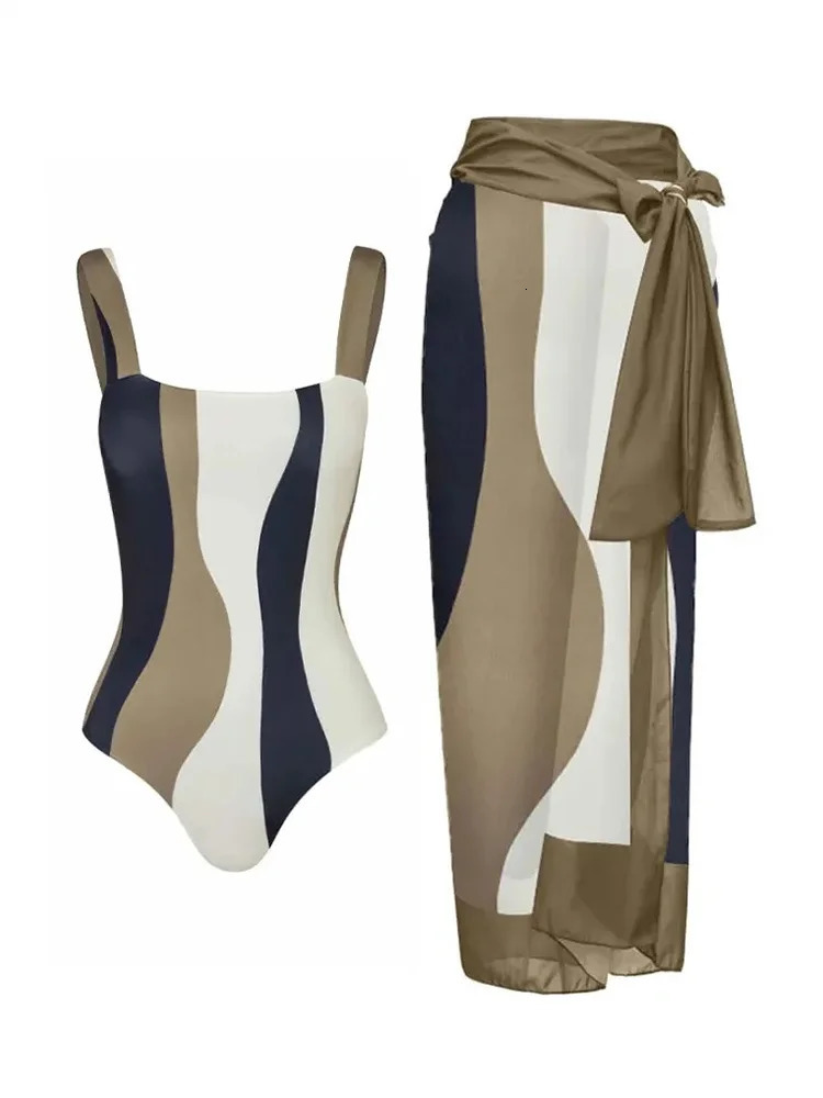 Vintage Slim Asymmetric Striped Bikini Sets Swimsuit with Contrast Cover Up 2 Pack Swimwear Beach Bathing Suit 240116