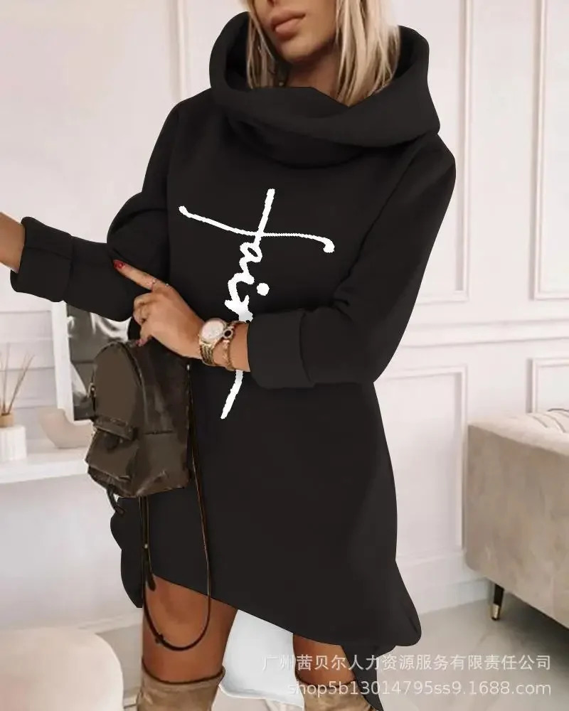 Women Autumn Long Sleeved Sweatshirt Casual Solid Color Sweater Dress Pocket Hoodies Ladies Hooded Pullovers Office Lady 240116