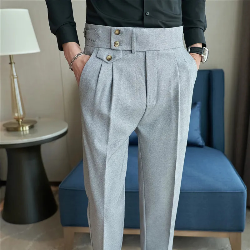 High Waist Men Suit Pants British Style Casual Dress Slim Fit Trousers Formal Office Wedding Party Pantalon Homme 240117