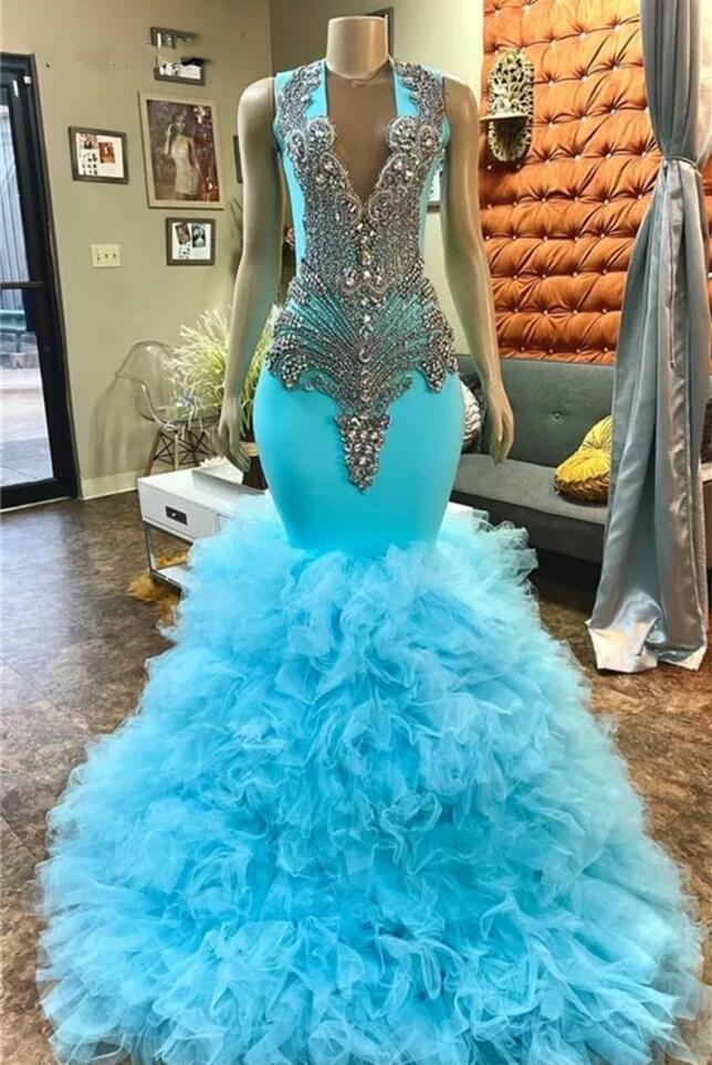 Elegant Blue Prom Dresses 2024 Sparkly Diamond Crystal Rhinestones Beading Tiered Ruffle Birthday Party Evening Gown Vestidos
