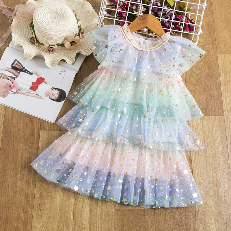 Summer Kids Girls Rainbow Dress Little Girl Princess Star Sequin Layer Party Dresses Tulle 3-8T Girl Casual Daily Wear Vestidos 240116