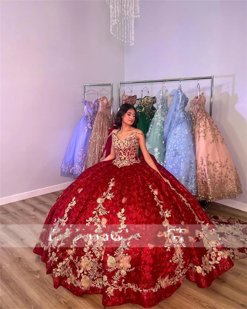 Gown Red Sweetheart Ball Quinceanera Dress For Girl Gold Appliques Birthday Party Gowns Prom Dresses Lace Up Back Beaded S Es 0212D