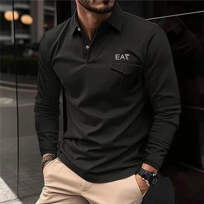 Fashion Printed Mens Long Sleeve POLO Shirt Solid Color Polo Collar Business Casual 240117