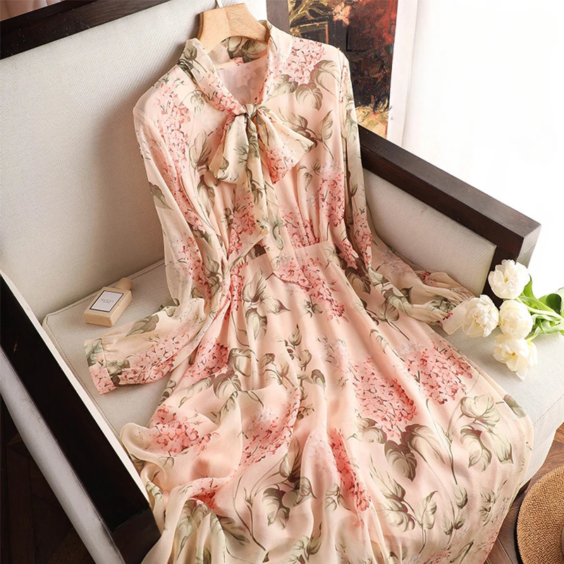 Silk Print Dresses Women Satin Long Sleeves Loose Summer Casual Bow Empire Dress Ladies V-neck Clothing YCMYUNYAN 240117