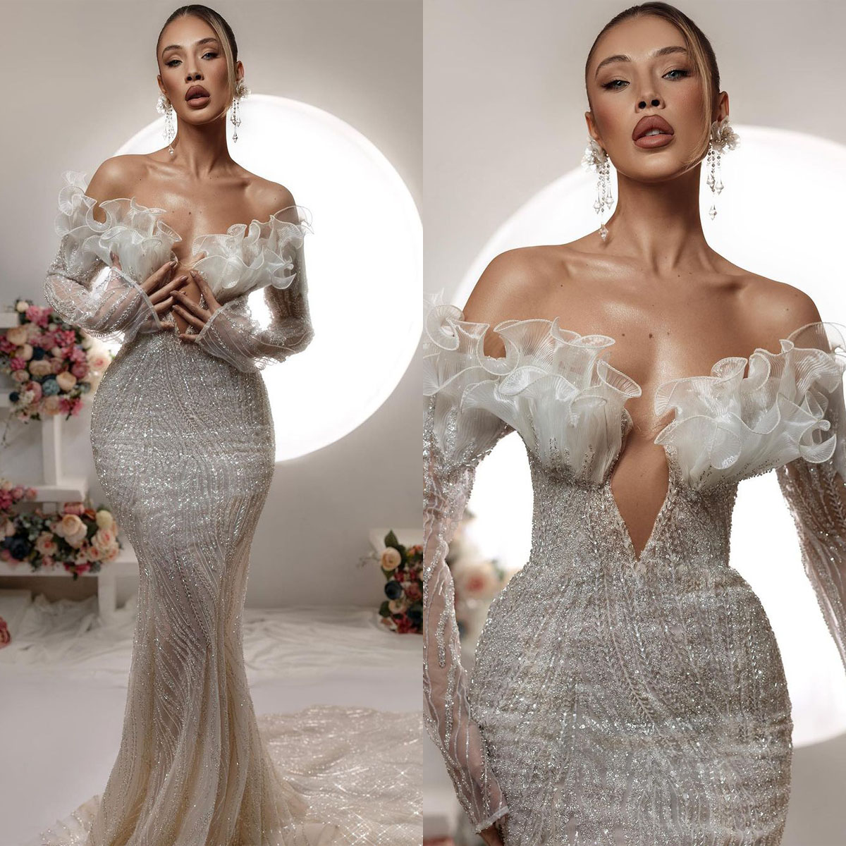 Gorgeous Lace Mermaid Lace Wedding Dresses Elegant Sheer V Neck Pleat Wedding Gown Sweep Train Bridal Vestidos