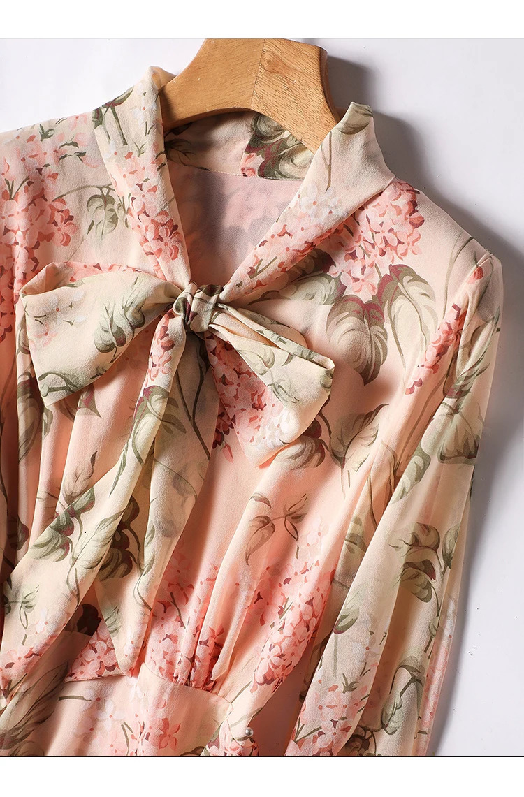 Silk Print Dresses Women Satin Long Sleeves Loose Summer Casual Bow Empire Dress Ladies V-neck Clothing YCMYUNYAN 240117